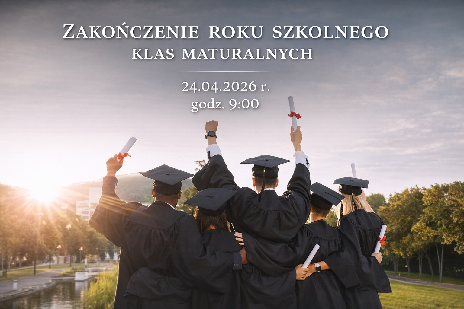 Grafika przedstawiająca grupę absolwentów w togach i biretach, trzymających dyplomy w górze. Na górze widnieje napis: „Zakończenie roku szkolnego klas maturalnych”, a poniżej data: 24.04.2026 r. i godzina: 9:00.